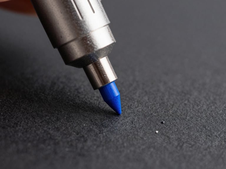 Sharp macro photography of a high-precision printing nozzle depositing electric blue ink on textured black paper, high-contrast studio lighting, cool white and deep blue tones, extreme close-up, 85mm lens