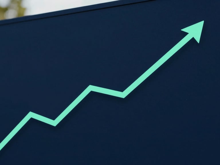 Clean geometric graph showing a linear upward trend, mint green line, on a dark navy background, minimalist, soft natural daylight