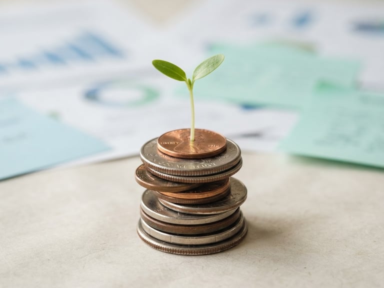 Close-up of a stack of coins with a single, small green sprout growing from the top, against a blurred background of financial documents, soft natural daylight, calm blue and mint green tones, shallow depth of field, modern editorial