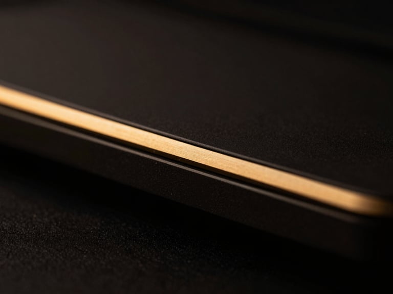 Extreme close-up of a sleek device edge, low-key dramatic studio lighting, deep shadows, subtle warm gold backlighting, matte black and brushed gold tones, sharp details