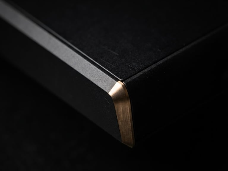Extreme close-up of a sleek matte black device edge with a subtle gold glow, dramatic studio lighting, sharp details, macro lens