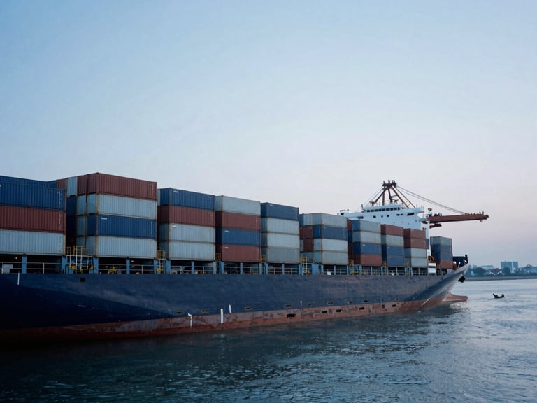 Wide-angle industrial port at dawn, cold steel cargo containers stacked precisely, container ship docked in deep water, desaturated blue tones, 35mm.