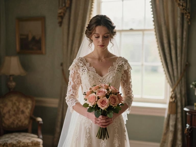 A bride in a vintage lace gown standing in a sunlit Victorian parlor, warm heritage photography, soft focus, holding a delicate bouquet of roses.