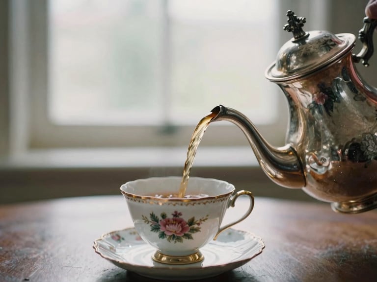 Close-up of an antique silver teapot pouring warm tea into a delicate, hand-painted Victorian porcelain cup, soft diffused window light, shallow depth of field.
