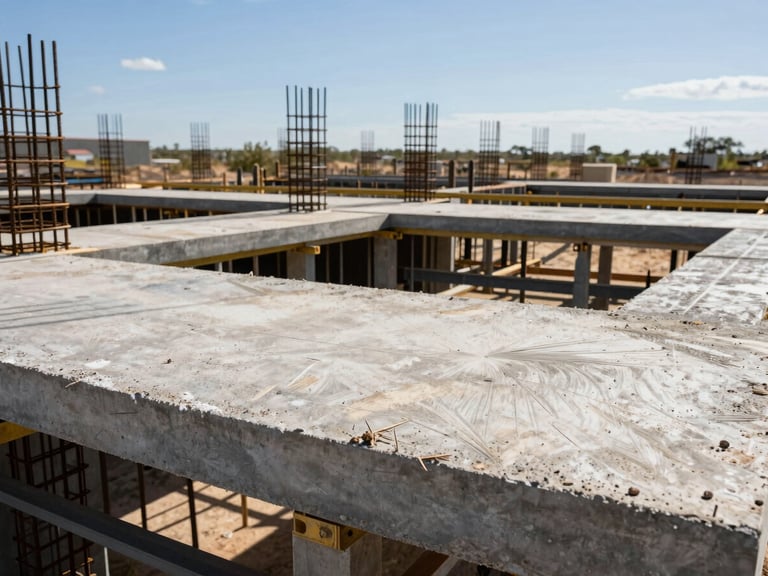 High-contrast architectural detail of reinforced concrete slabs and structural steel framing mid-construction in the Texas desert sun