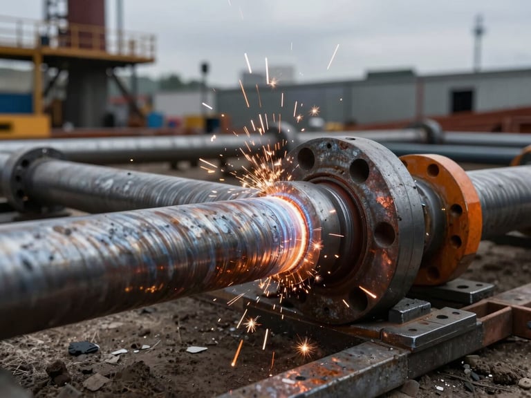 Macro close-up of a high-precision steel pipe weld on an active infrastructure site, bright sparks flying, industrial setting, dramatic lighting, safety amber accents