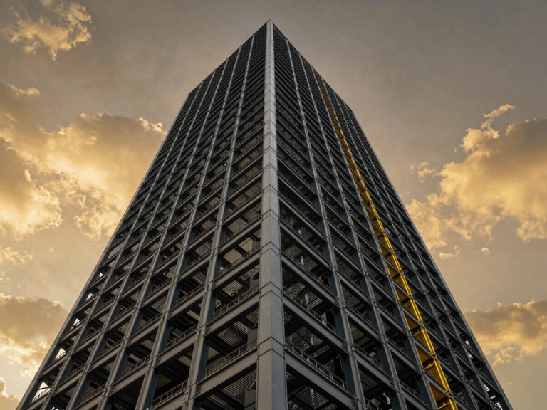 Low-angle heroic shot looking up at a steel-framed commercial high-rise tower against a dramatic golden hour sky