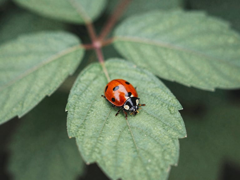 Close-up of a ladybug on a vibrant green organic leaf, natural morning light, earthy organic tones, shallow depth of field, 35mm film