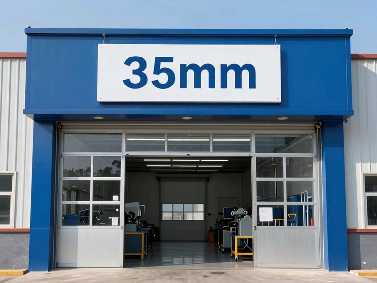 Front view of an industrial electromechanical workshop storefront with a wide garage door entrance, clean sign, bright natural daylight, 35mm lens