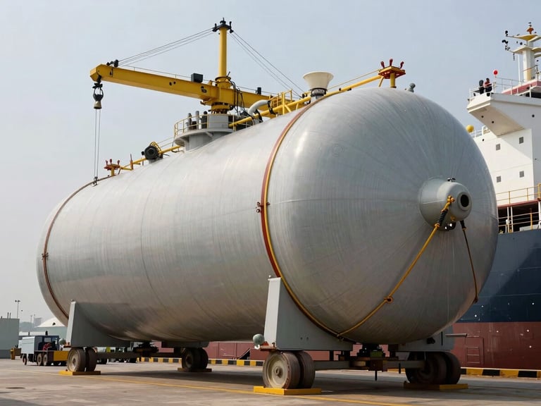 Massive cylindrical pressure vessel being secured onto a heavy-lift cargo ship at Kandla port, overcast daylight, industrial rigging details.
