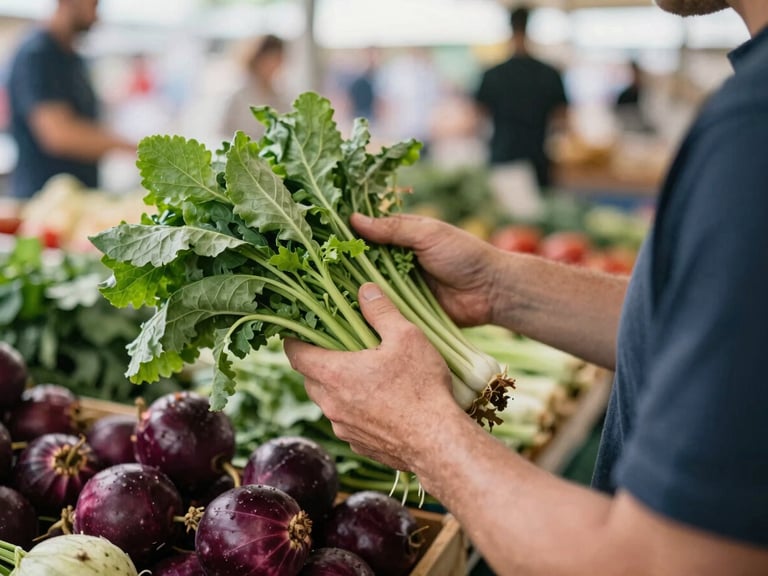 Close-up of a farmer proudly displaying fresh produce at a bustling market stall, soft natural light, shallow depth of field, warm tones.