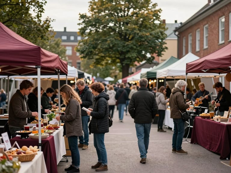 Wide shot of a vibrant outdoor food market event, people browsing, musicians playing, soft Scandinavian daylight, deep crimson and forest green accents.