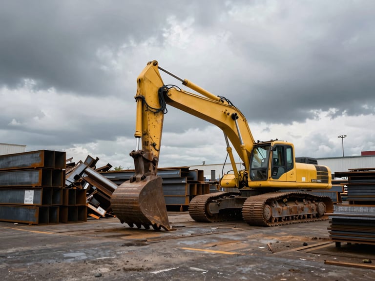 Wide-angle industrial steel yard under dramatic overcast daylight, heavy yellow excavator sorting scrap metal, desaturated steel tones, 35mm