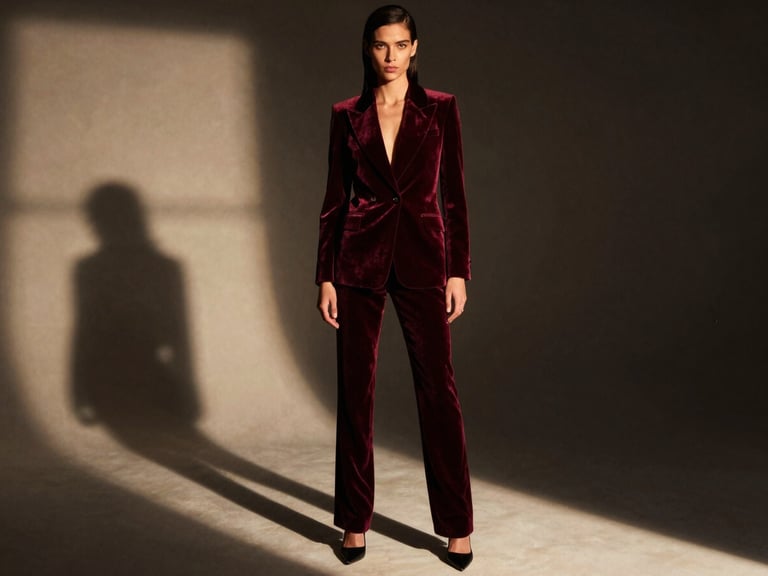 Wide environmental studio shot of a high-fashion model in a structured burgundy velvet suit, dramatic chiaroscuro shadows, warm golden-hour window light, sharp focus, 35mm