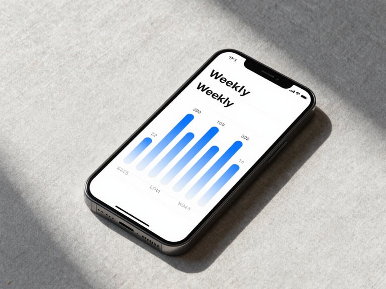 Overhead flat-lay of a minimalist phone interface showing a weekly progress timeline with ice-blue gradient bars and clean typography, placed on a pale linen surface under soft north-facing daylight