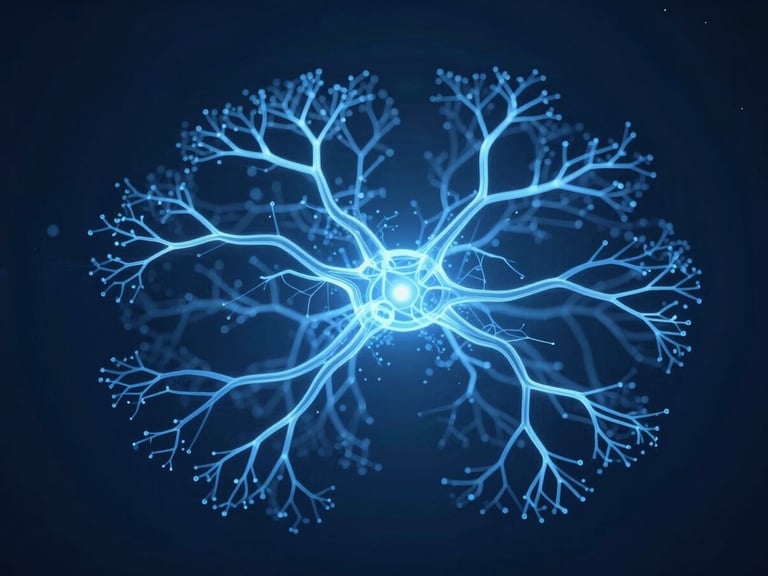 Abstract ice-blue neural network rendered as elegant glowing line drawings on a deep navy background, branching pathways illuminated in soft neon blue, one central node pulsing with brighter light, wide landscape framing with generous negative space at the edges
