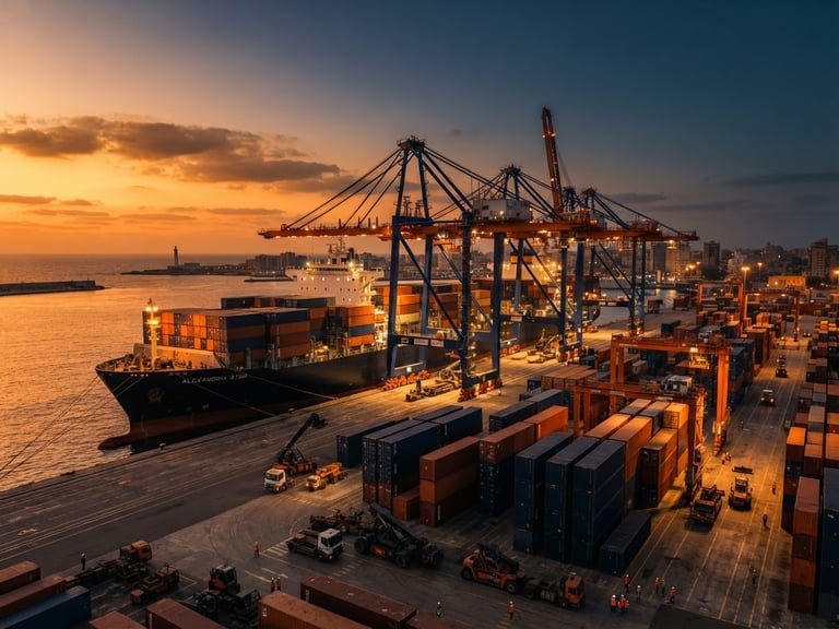 Wide-angle shot of a modern container terminal at Alexandria port during golden hour, a large container ship docked, precise industrial lighting, deep navy and orange tones.