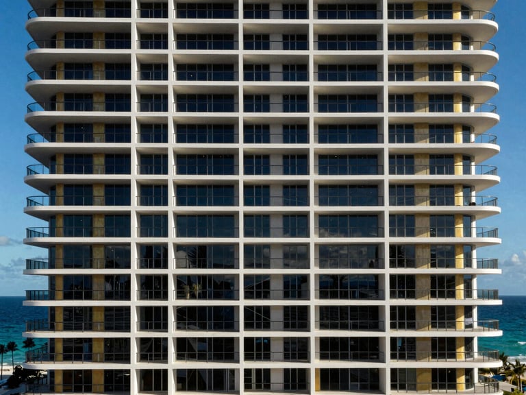 Modern luxury condominium facade with ocean view, sharp coastal sunlight, Hallandale Beach, high contrast.