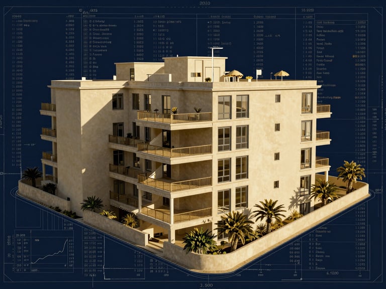 Architectural blueprint overlayed with digital financial data, sharp focus, deep navy and gold tones, high contrast.