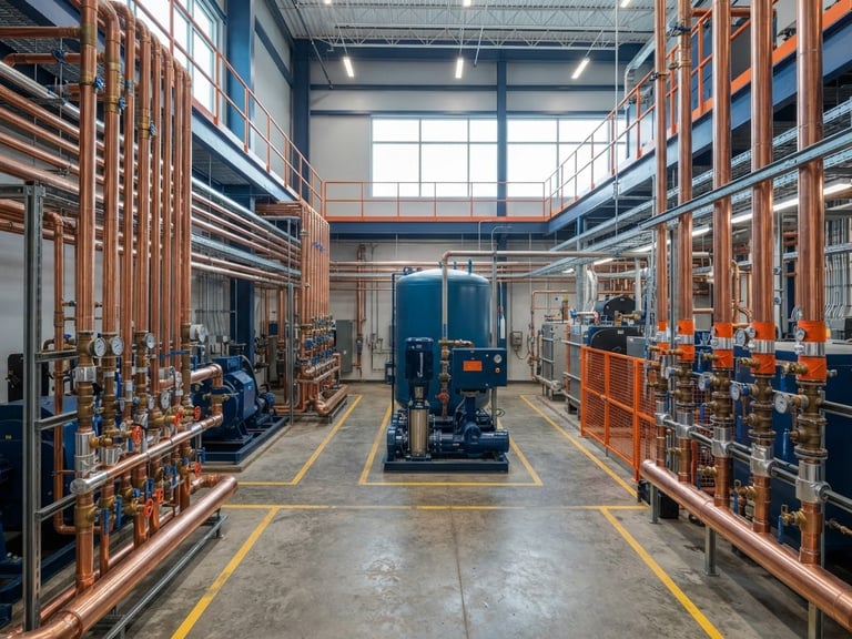 Wide shot of heavy industrial mechanical room, polished copper piping arrays, overhead utility lighting, crisp blue tones.
