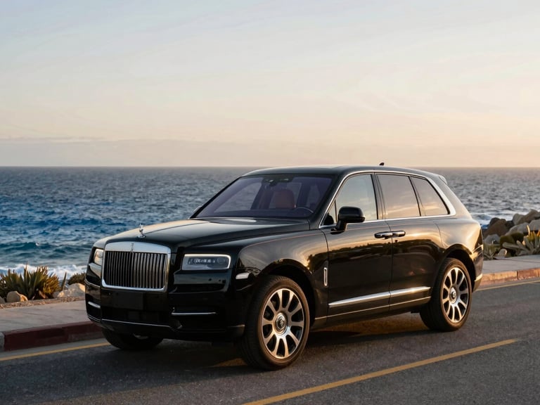 Wide cinematic shot of a clean, black luxury SUV parked on a quiet coastal road in Los Cabos during golden hour, the deep blue Pacific ocean in the background, soft warm light reflecting off the polished vehicle.