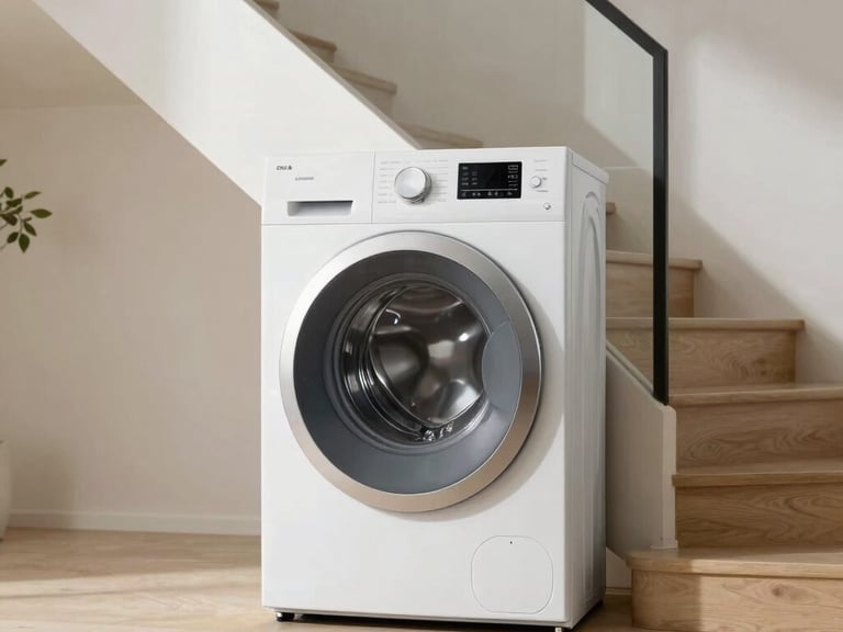 Close-up of a professional technician in a blue uniform inspecting the drum belt of a washing machine, tools laid out neatly, bright home laundry room setting.