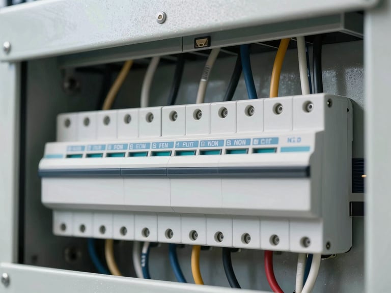 Macro close-up of a clean, modern electrical panel, perfectly routed and labeled wires, bright clear daylight highlighting technical precision