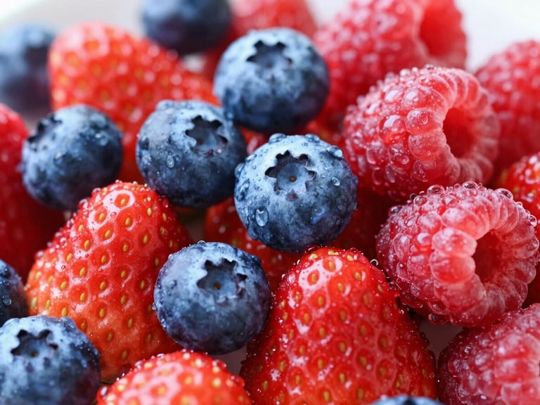 Macro shot of fresh glistening strawberries, blueberries, and raspberries piled high, water droplets, bright daylight, vibrant red and blue tones