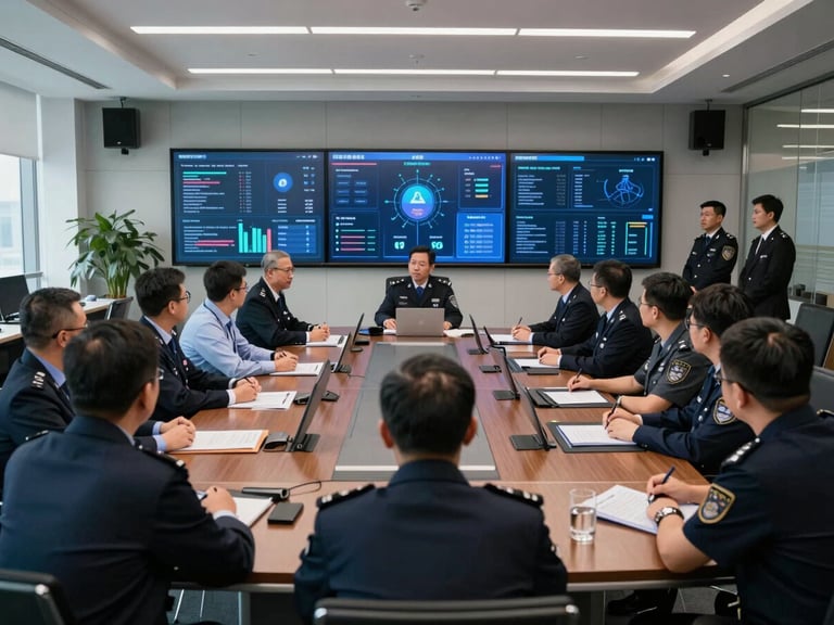 Wide environmental shot of a large enterprise security briefing room, executives and security leads gathered around a conference table with wall screens displaying threat intelligence dashboards, cool daylit corporate environment, mid-range framing showing the full room