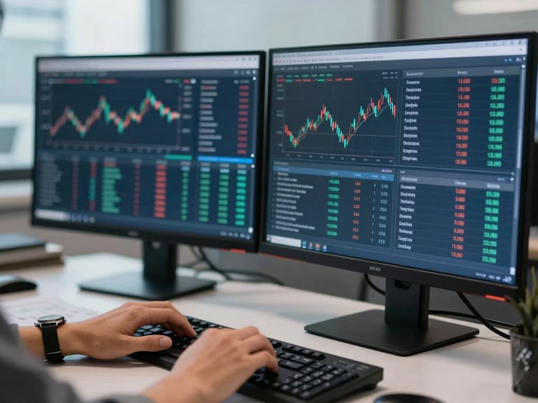 Close-up of a financial analyst at a workstation reviewing live compliance dashboards with multiple data streams, cool daylit office environment, hands on keyboard, dual monitors showing regulatory control status and risk scores, sharp focus on screen data