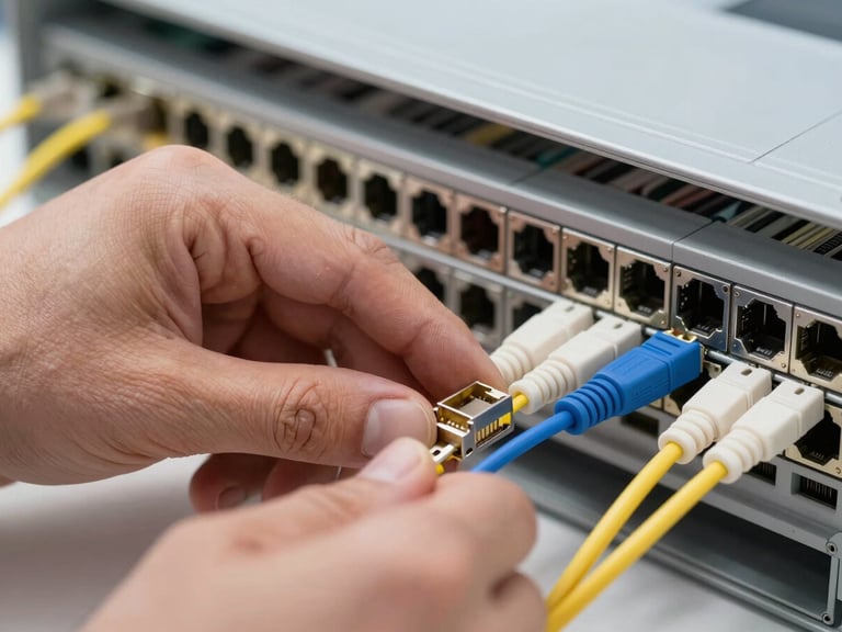 Close-up of a technician's hands connecting a fiber LC connector into a patch panel port, cable management tray visible in the background, even diffuse studio lighting, sharp product detail