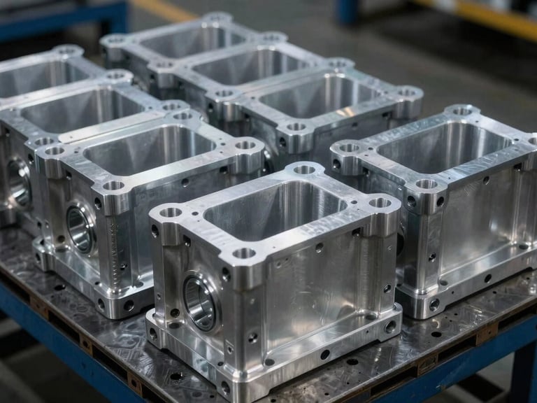 Close-up of neatly stacked, freshly machined aluminum engine mounts on a clean factory pallet, metallic sheen, industrial lighting