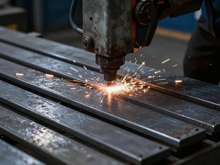 Heavy steel plates being cut by a high-power CNC laser with bright sparks flying, dark industrial background, dramatic lighting