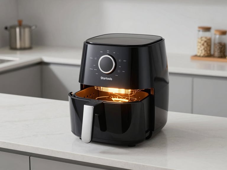 Premium product photography of the Startools Air Fryer glowing with warm internal LED light on a clean minimalist kitchen counter, 50mm lens.