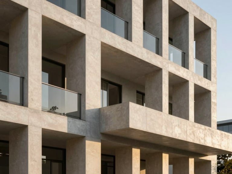 Modern architectural facade with clean geometric concrete lines and deep shadows, golden hour light