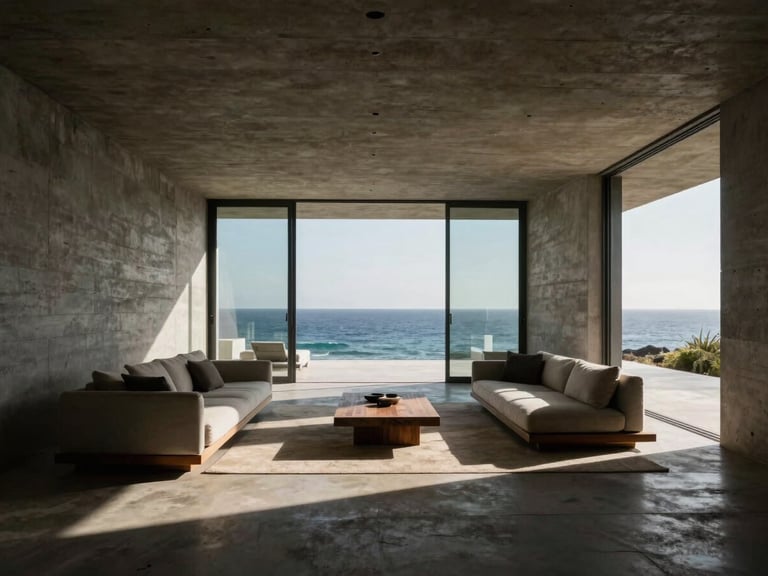 Interior of a luxury villa in Peninsula de Papagayo, raw concrete walls, minimalist furniture, large glass opening showing ocean view, dramatic shadows, 35mm