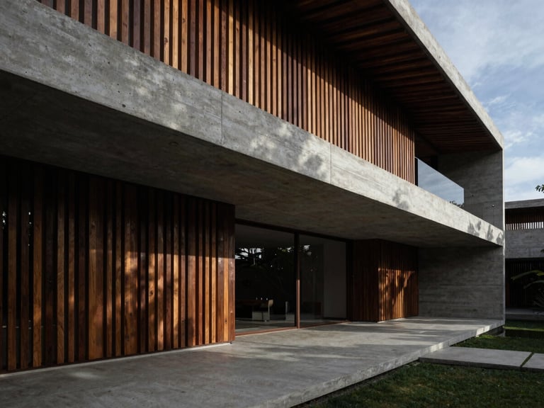Wide architectural elevation of a concrete and teak villa in Peninsula de Papagayo, sharp linear perspective, dramatic low-key natural light filtering through wooden slats, 35mm