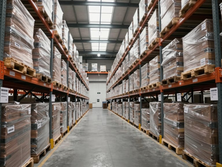 Wide interior of a large bonded logistics warehouse under tungsten lighting, tall racking systems loaded with palletized cargo, a narrow aisle running toward the far wall, barcode scanners and inventory labels visible on shelving, overcast daylight from high clerestory windows, no people, documentary framing showing operational scale