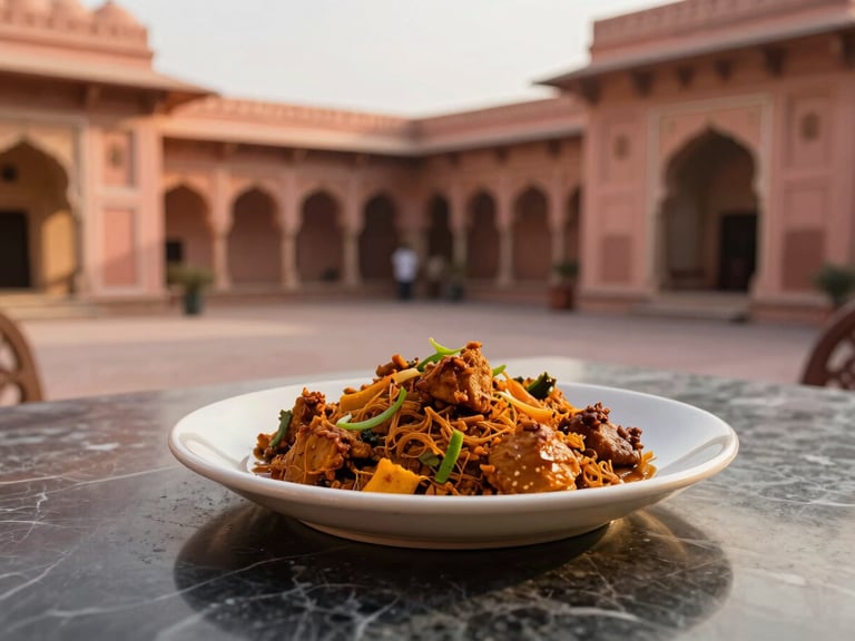 Warm editorial photography of a beautifully plated traditional Rajasthani dish on a minimalist ceramic plate, set on a dark marble table inside a historic courtyard with soft golden-hour sunlight, 35mm lens.