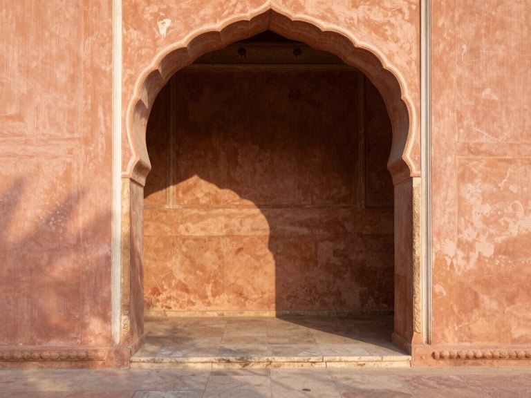 A close-up editorial photograph of a sun-drenched terracotta archway in Jaipur, casting soft morning shadows on a cream stone floor, 35mm lens.