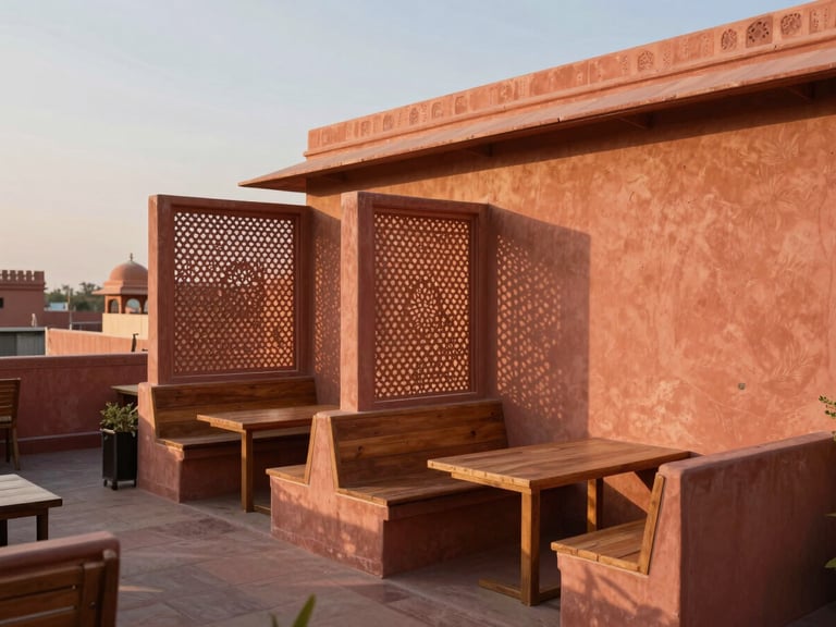 Warm editorial photography of a serene rooftop cafe in Jaipur, terracotta-washed walls, minimal wooden seating, soft evening shadows of jali screens, 35mm lens.