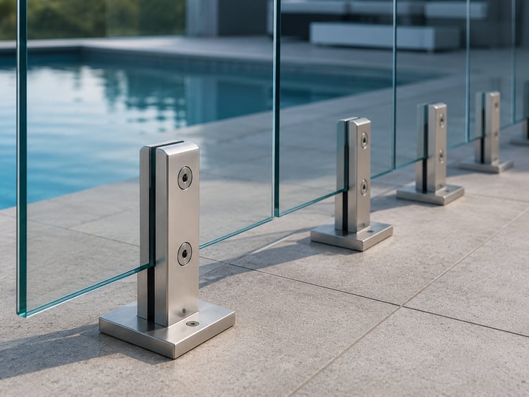 Frameless glass pool fence with stainless steel mounts beside a modern residential swimming pool.