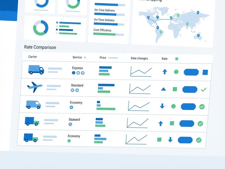 Flat vector illustration of a digital shipping dashboard with real-time rate comparison tables, clean geometric shapes, white background, blue and green accents, minimalist style