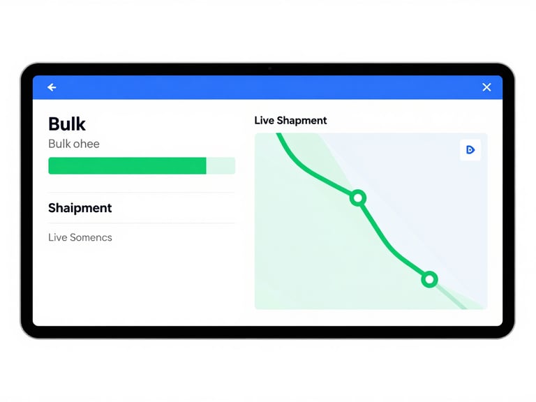 Flat vector illustration of a split-screen dashboard view, displaying bulk label generation progress on the left and live shipment tracking routes on the right, clean geometric shapes, white background, blue and green accents