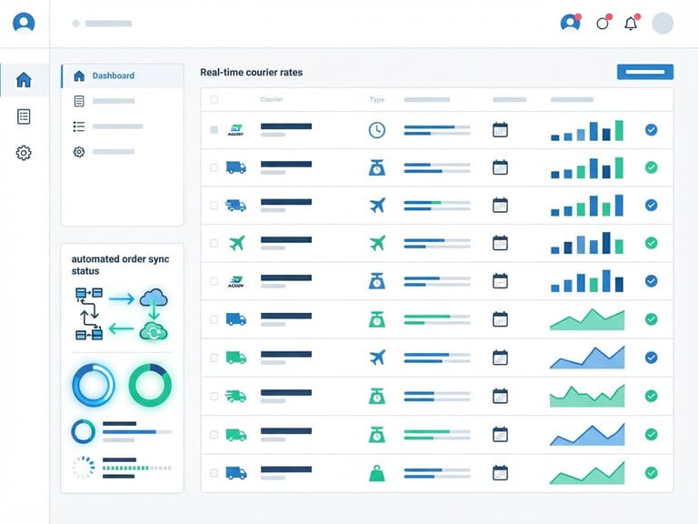 Flat vector illustration of a modern shipping dashboard interface, showing real-time courier rate comparison tables and automated order sync status, clean geometric shapes, white background, blue and green accents, minimalist
