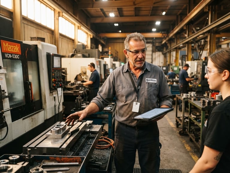 Environmental portrait of an industrial manufacturing supervisor in a Sherbrooke facility, warm industrial daylight, sharp focus, 35mm lens