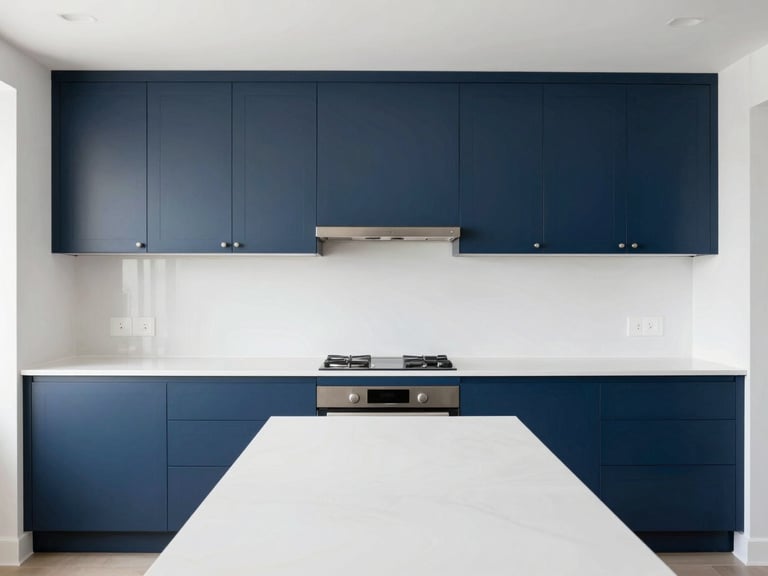 Straight-on architectural photo of a modern kitchen remodel, bright natural daylight, clean white countertops and navy blue cabinets, sharp focus