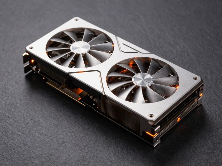 Crisp macro studio photography of a high-end graphics card, dark slate background, subtle orange ambient glow on metallic textures, high detail