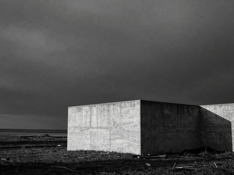 Stark black and white landscape of a lone concrete structure against a heavy, dark overcast sky, high-contrast side lighting, visible film grain, medium-format 80mm lens composition