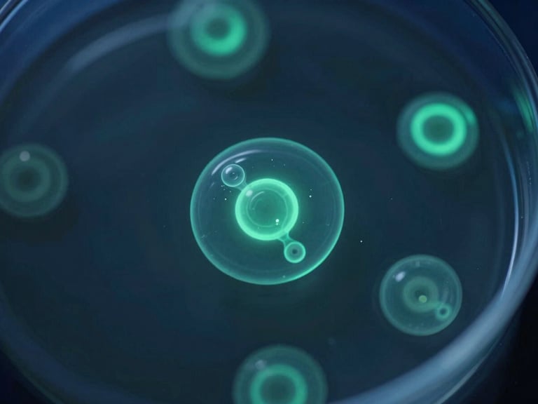 Extreme close-up of cryopreserved cells in a laboratory vial, glowing bioluminescent teal highlights, dark moody scientific background, 35mm microscopic focus.